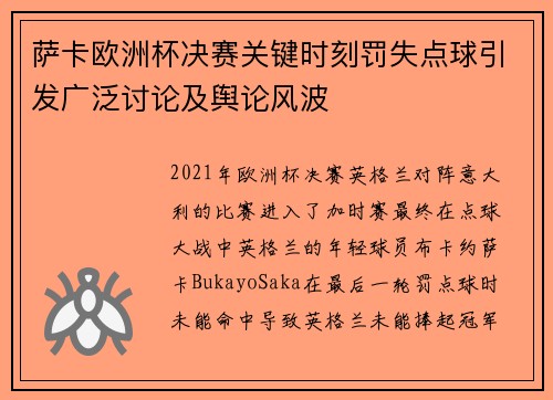萨卡欧洲杯决赛关键时刻罚失点球引发广泛讨论及舆论风波