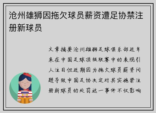 沧州雄狮因拖欠球员薪资遭足协禁注册新球员